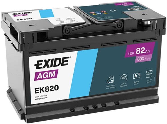 Baterie auto EXIDE 12V 82Ah 800A |BMR Acumulator de 12 V pentru autoturisme cu sistem Start-Stop, cu capacitate de 82 Ah și curent de pornire de 800 A. Tehnologie/model: AGM START-STOP. Alegeți produsul numai după verificarea dimensiunilor, polarității, fixării și specificațiilor vehiculului.
